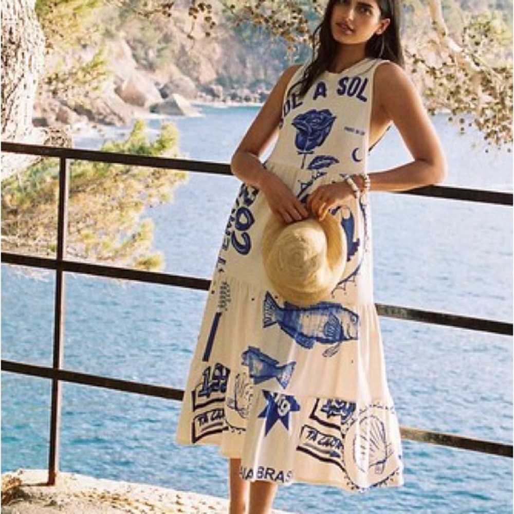 FARM Rio white and Blue Midi Dress